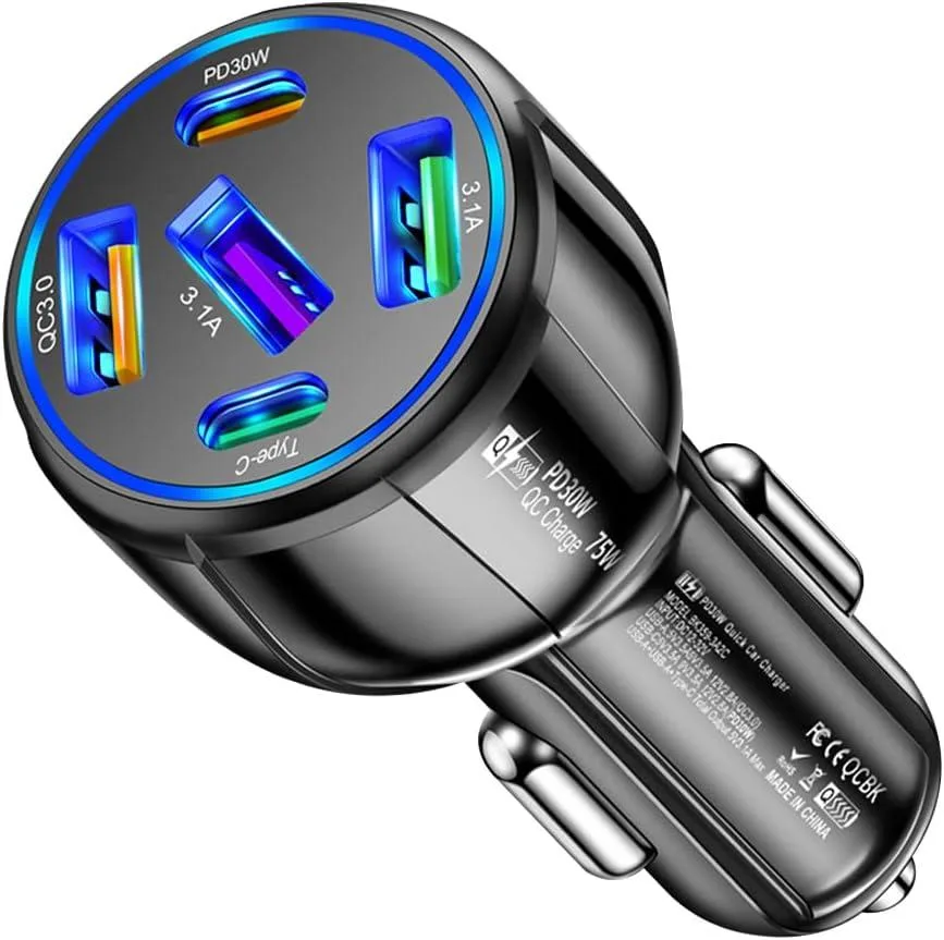 KINGARD KINGARD 5-in-1 Car Charger 75W QC3.0 PD 3USB 2PD Black — product photo