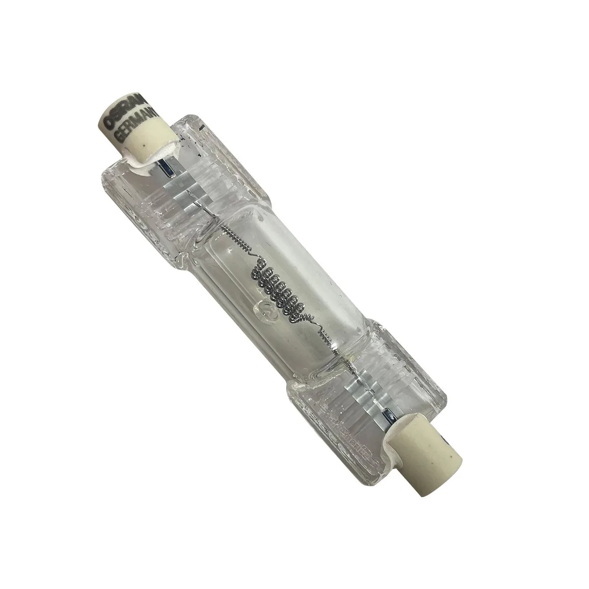 Clear tubular halogen bulb with metal caps at both ends