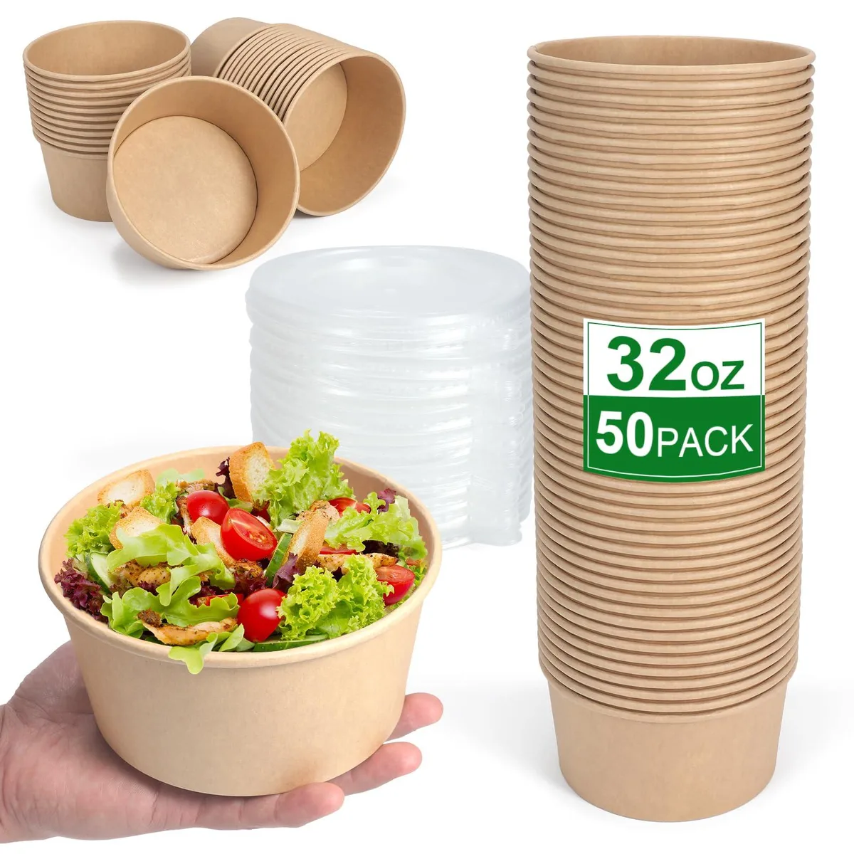 Stack of fifty round brown paper bowls with red lids