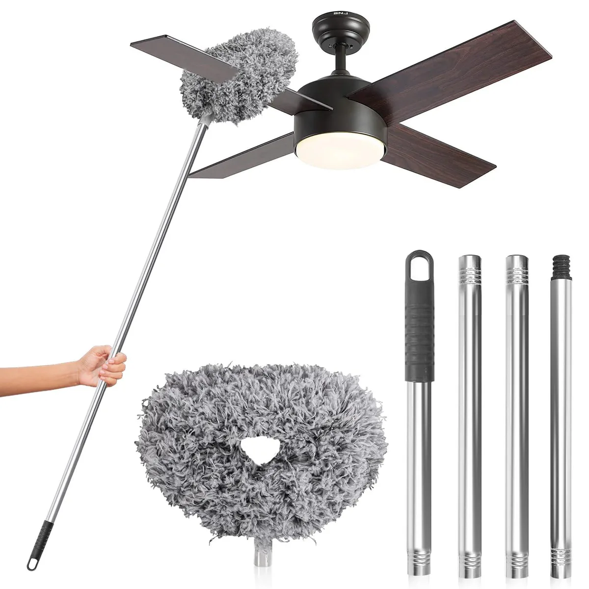 Grey microfiber duster head on extendable aluminium pole 13 to 48 inch