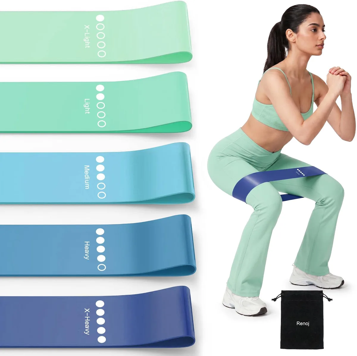 Five blue rubber loop bands in a carry bag
