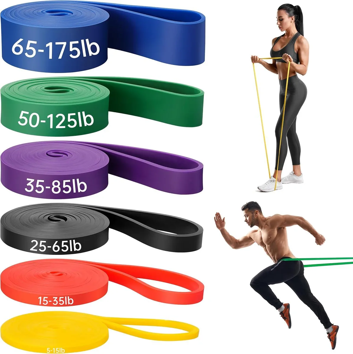 Set of colour-coded latex resistance bands laid flat showing varying widths and thicknesses