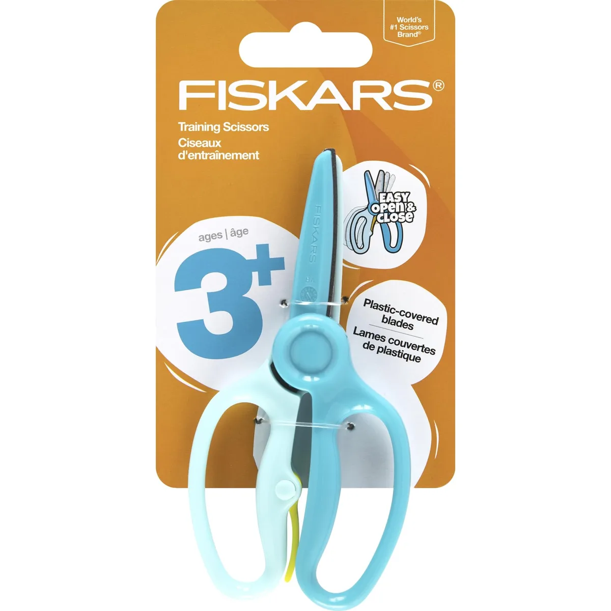 Turquoise preschool safety scissors with plastic-covered blades, blunt tips, training lever and wide symmetrical handle loops