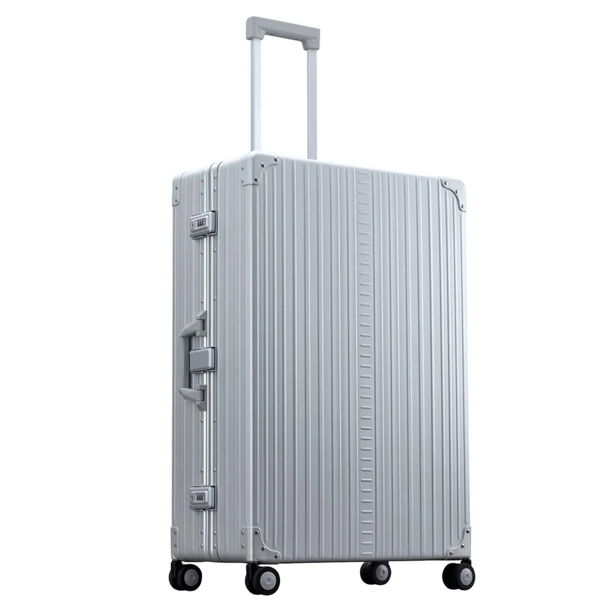 32 inch platinum aluminum checked luggage with telescoping handle and dual wheels