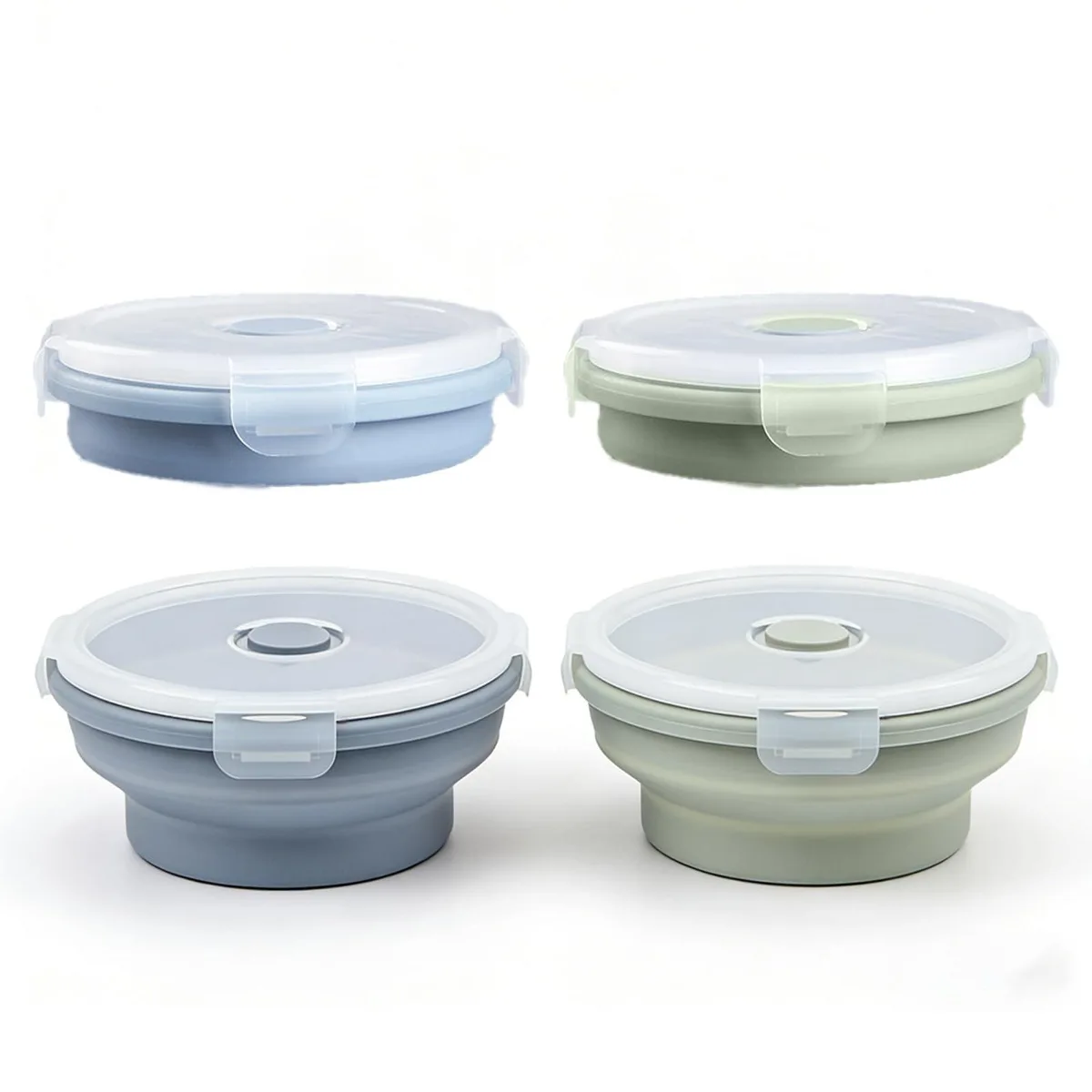 Two collapsible silicone bowls, one green one blue, with locking lids, shown expanded and stacked