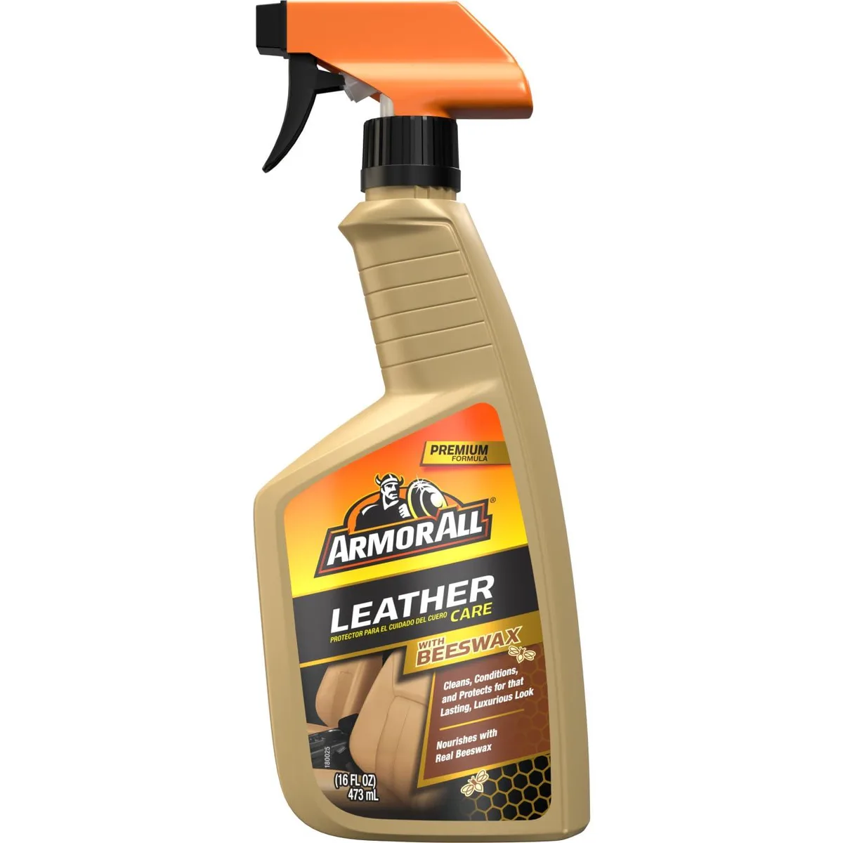 A 16 oz spray bottle of Metra leather cleaner with beeswax formula