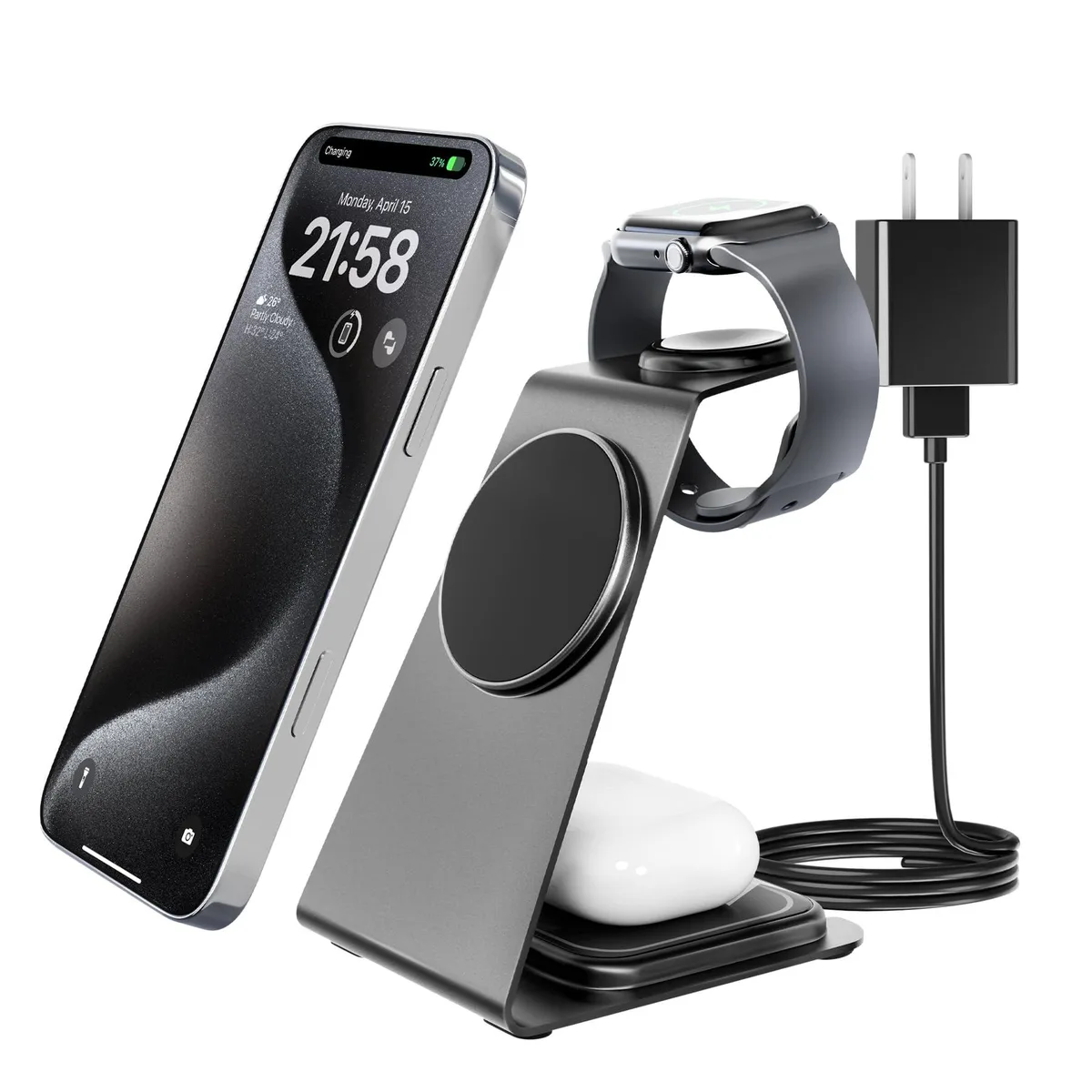 White rectangular 3-in-1 wireless charging stand with magnetic phone pad, watch puck, earbud spot, and night light button