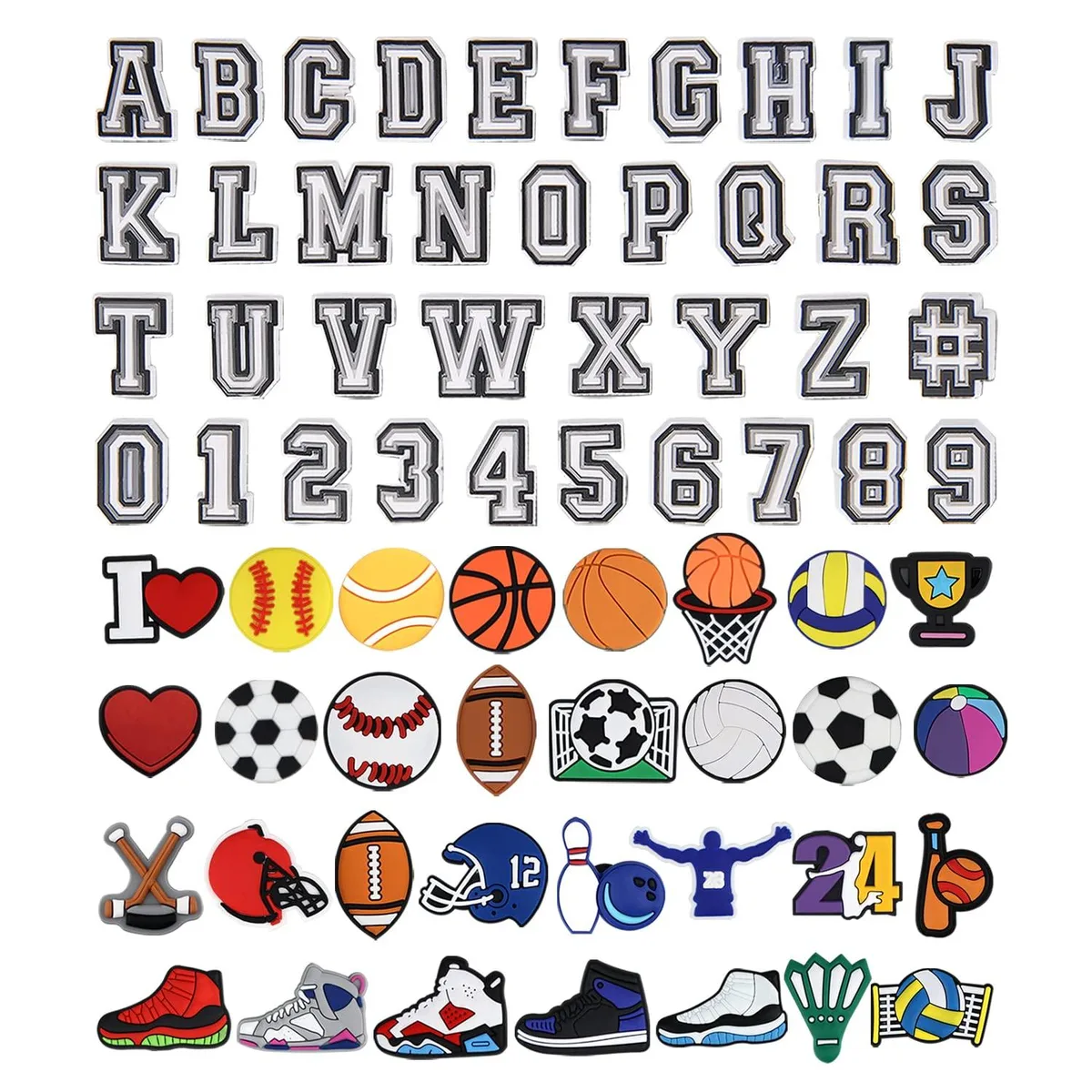 68 silver sports letter charms with glossy metallic finish and jump rings