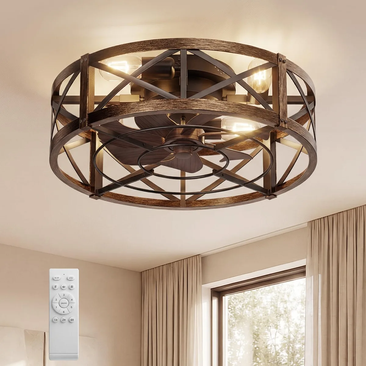 Black caged ceiling fan with integrated light, 20 inch flush mount, remote included