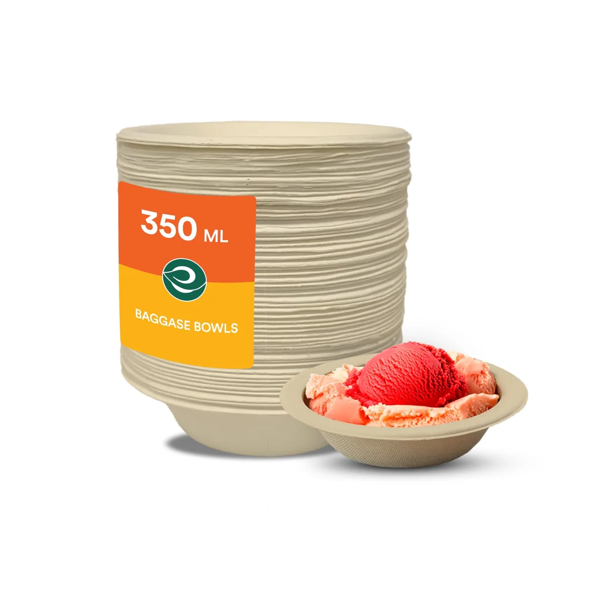 Stack of 50 round brown compostable bagasse bowls, 12 oz each