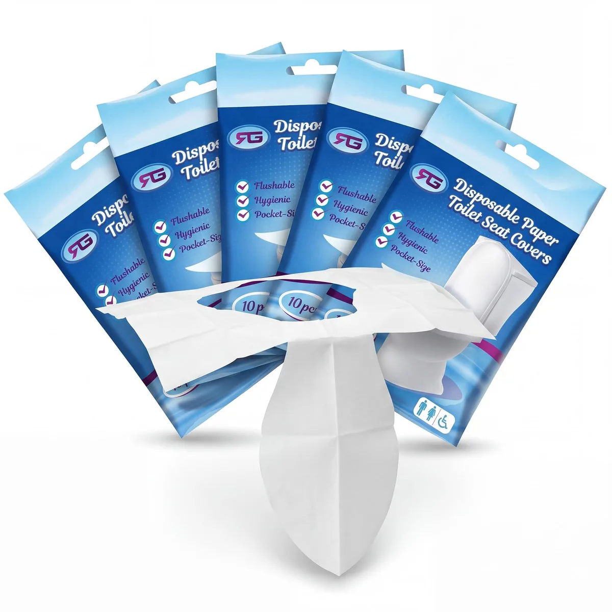 White rectangular paper toilet seat covers in resealable pouches