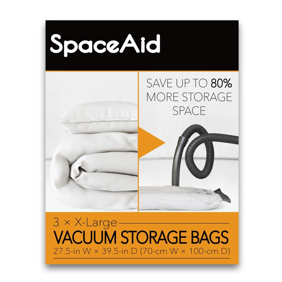 Three clear nylon vacuum storage bags with zipper seals and turbo valves, flat and folded