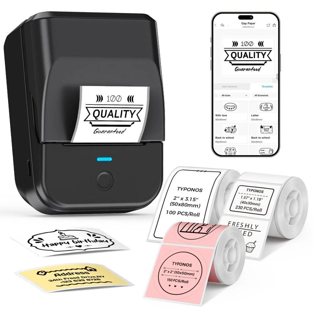 Compact black square label printer with three tape rolls visible