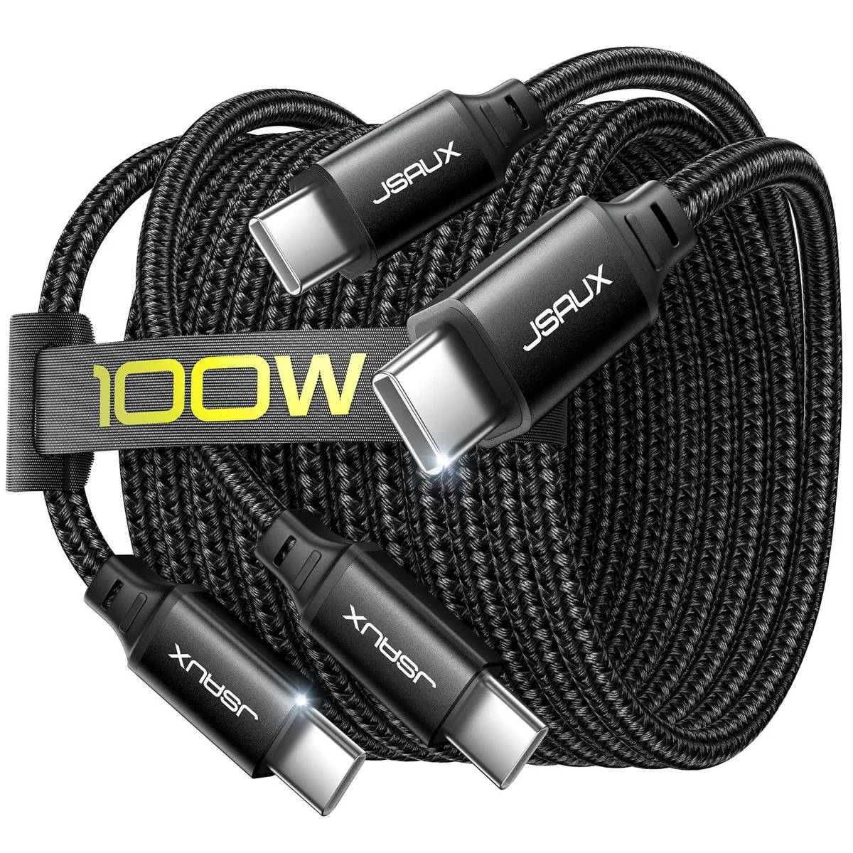 Two black braided USB-C to USB-C cables coiled together