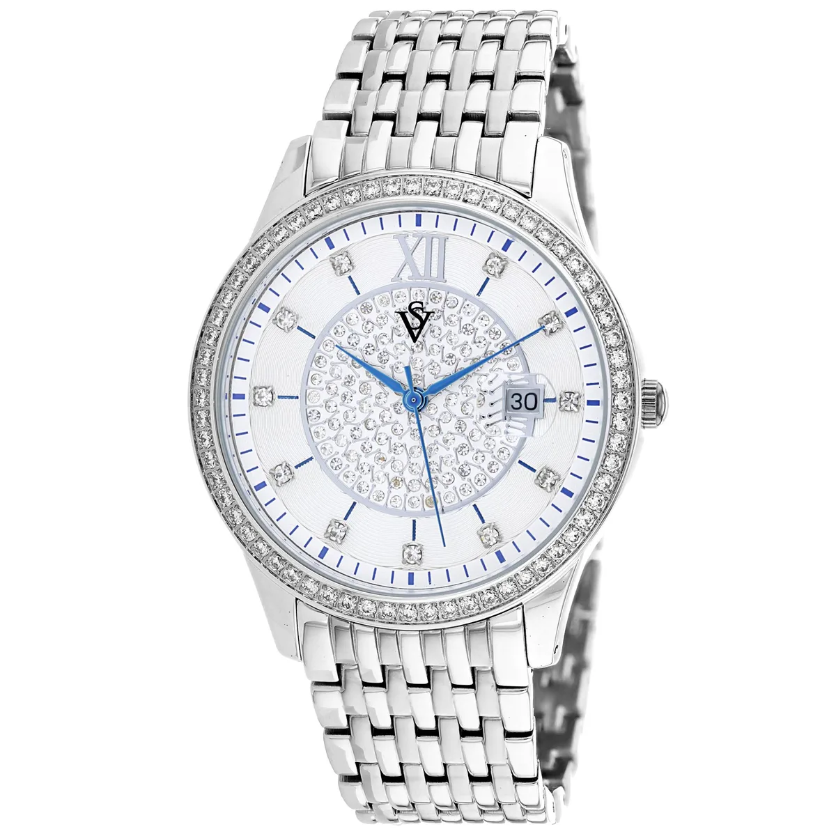 Silver stainless steel watch with white dial and metal bracelet