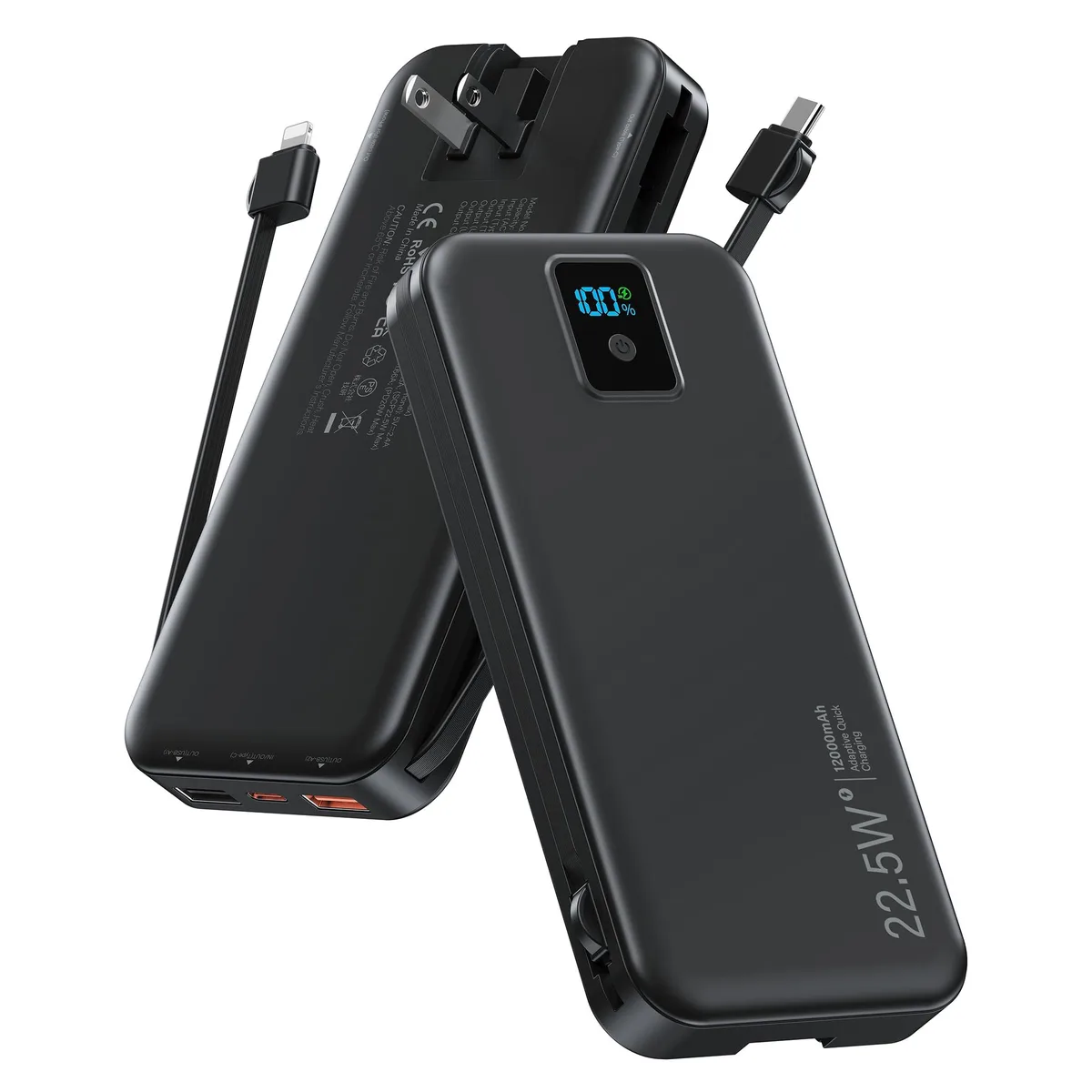  Rngsnoy AC-02F 12000mAh 22.5W Power Bank with Built-in Cables &amp; Wall Plug — product photo