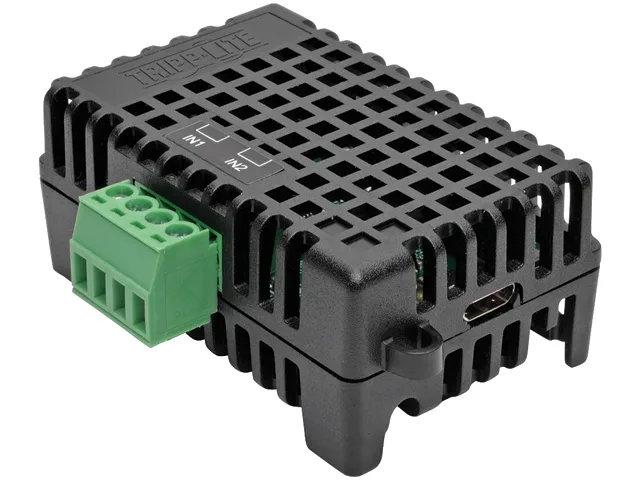 Small rectangular sensor module in matte black plastic, USB micro-B port visible, 2.52 by 1.77 by 0.83 inches