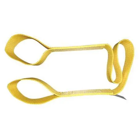 Flat yellow nylon web sling with reinforced flat eyes at each end