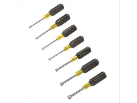 Seven Klein Tools nut drivers with cushion grips arranged in a set