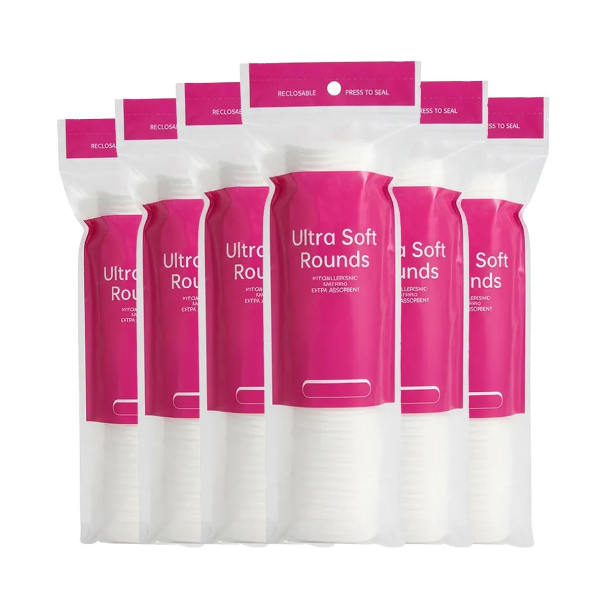 Six red packs of round cotton pads, 100 per pack