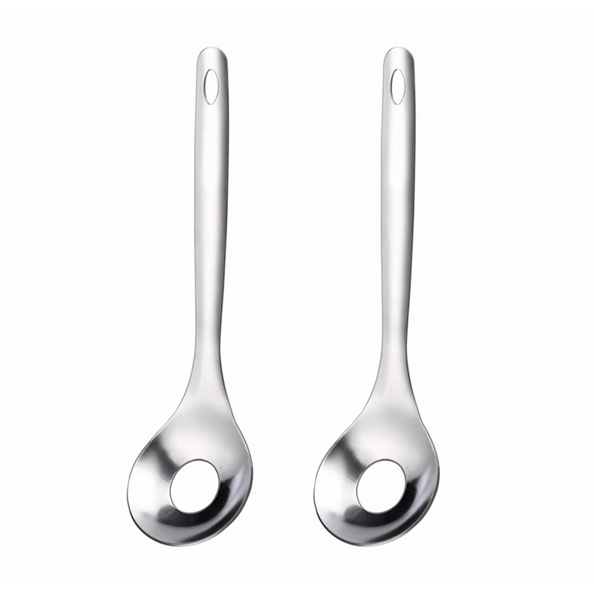 Two stainless steel cactus-shaped peeler spoons with grooved edges and curved handles