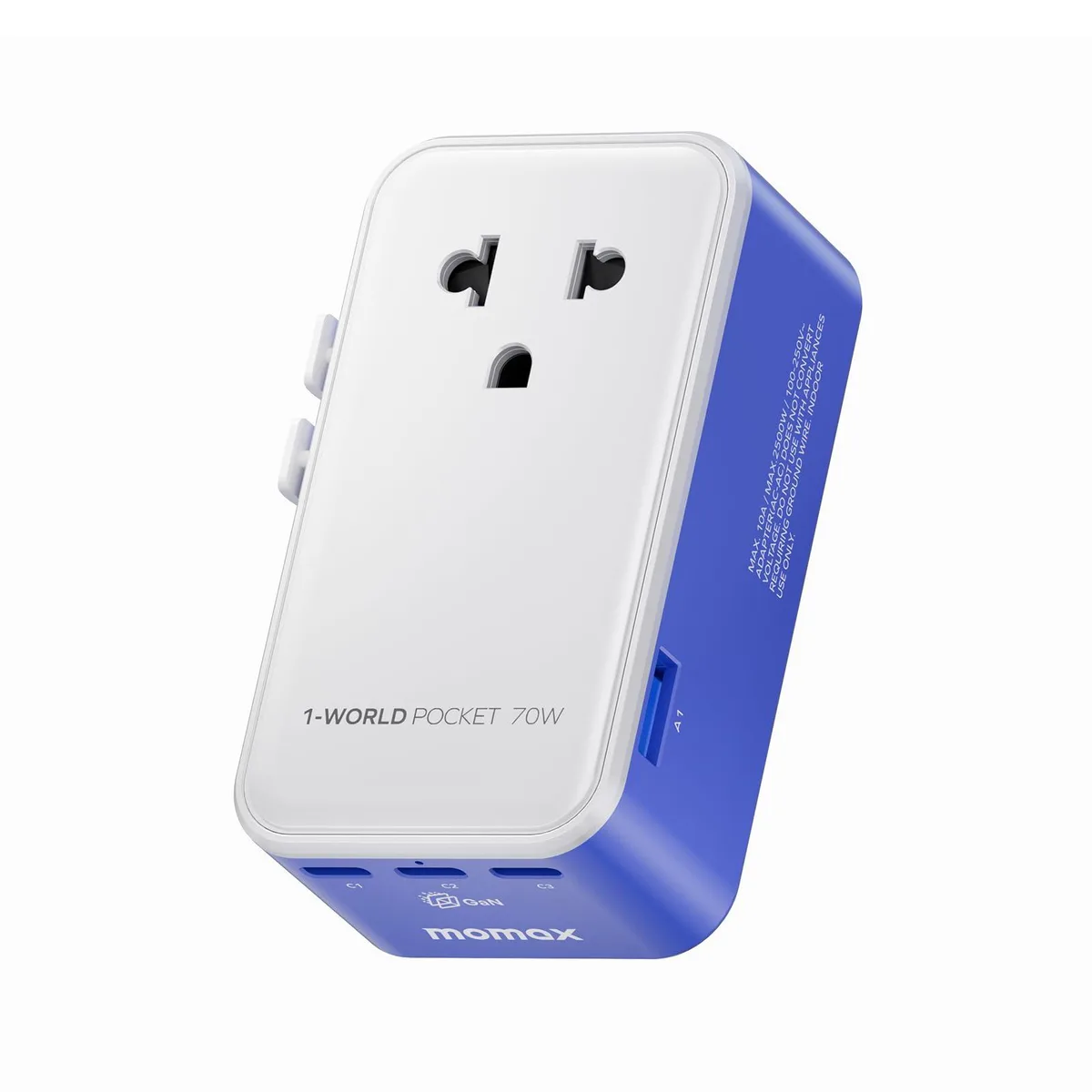  MOMAX UA36 Universal Travel Adapter 70W GaN 3 USB-C 1 USB-A AC Outlet Blue — product photo