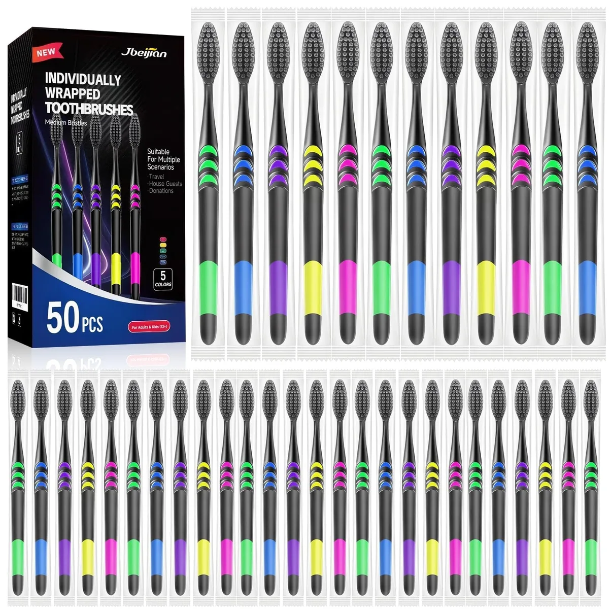 Bulk pack of 50 individually wrapped white disposable toothbrushes with soft bristles and ergonomic handles