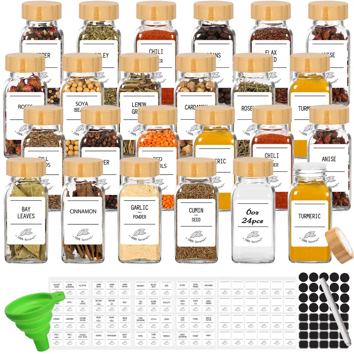 Twenty-four square glass spice jars with bamboo lids, shaker caps, labels and funnel