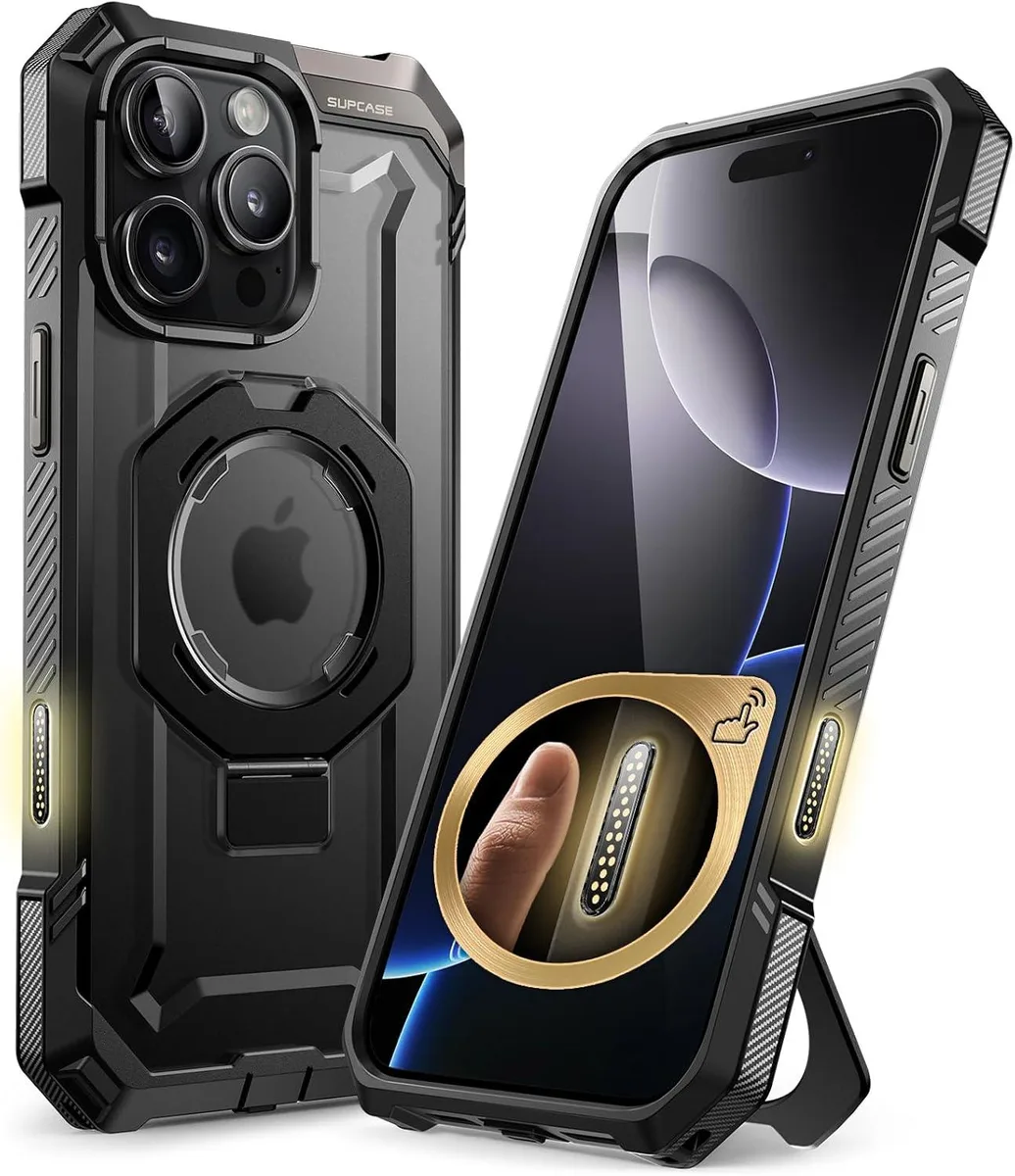 Black heavy-duty case with built-in kickstand and camera button for iPhone 16 Pro Max