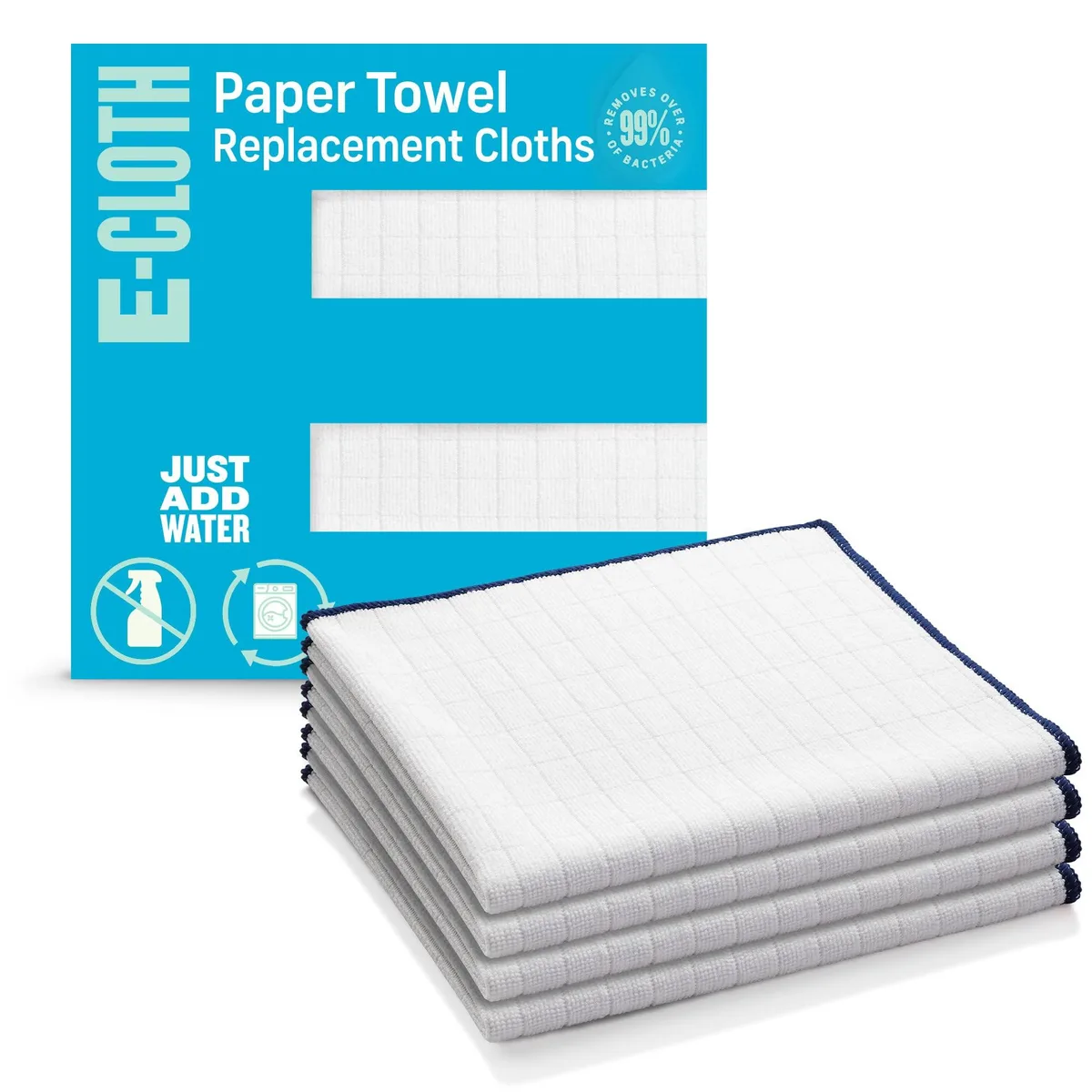 Four white square microfiber cloths in a bottle