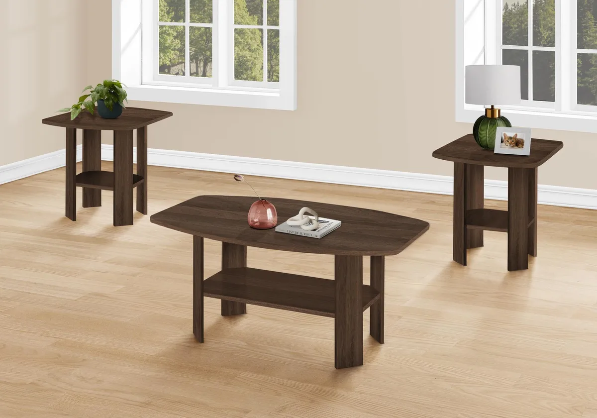 Three-piece walnut laminate table set with rectangular coffee table and two square end tables each with lower shelf