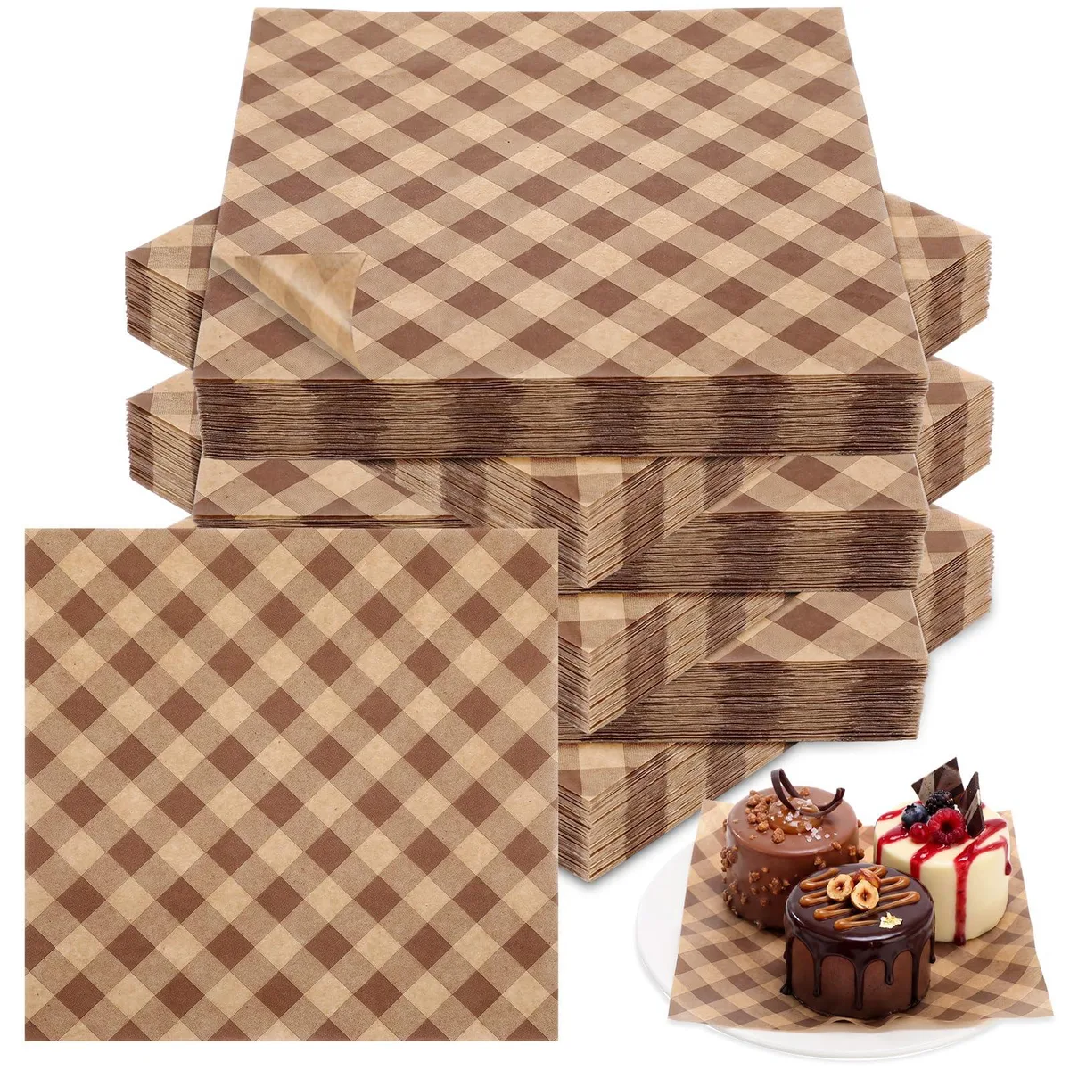 200 Brown Checkered Wax Paper Sheets 5.9in Party Supplies — product photo