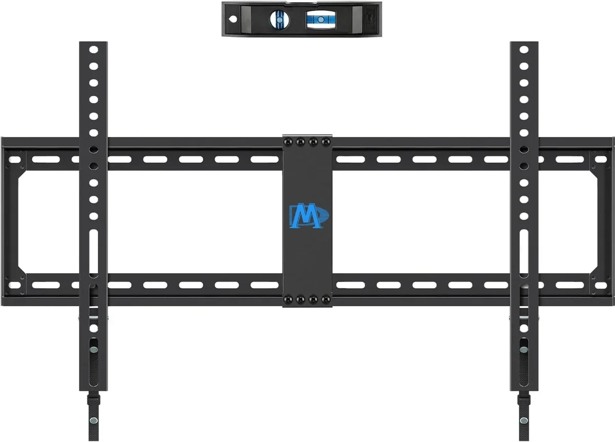 Black metal fixed TV wall mount with long horizontal plate and pull straps
