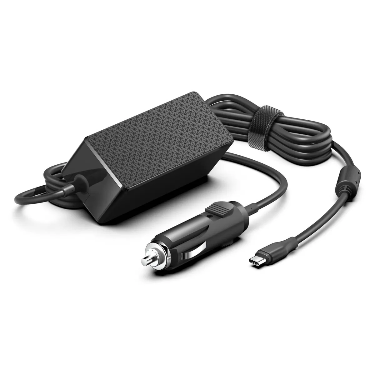 Black USB-C car charger with long rubberised cable