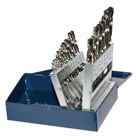 Clear plastic case holding 21 cobalt drill bits in graduated sizes
