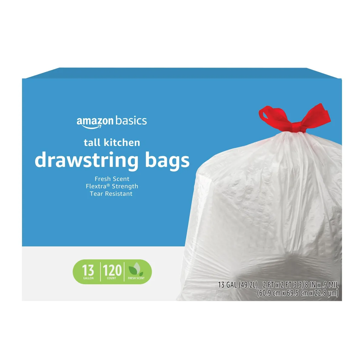 White polyethylene drawstring trash bags in a 120-count pack