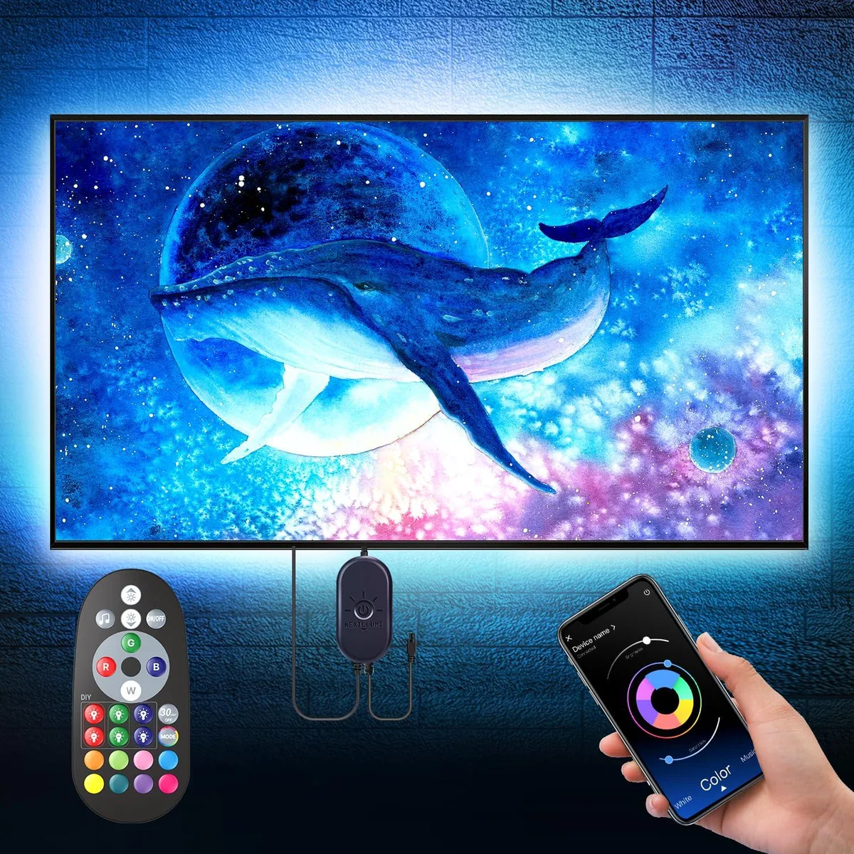 White flexible LED strip kit 16.4ft for 55-75 inch TV with USB cable and remote