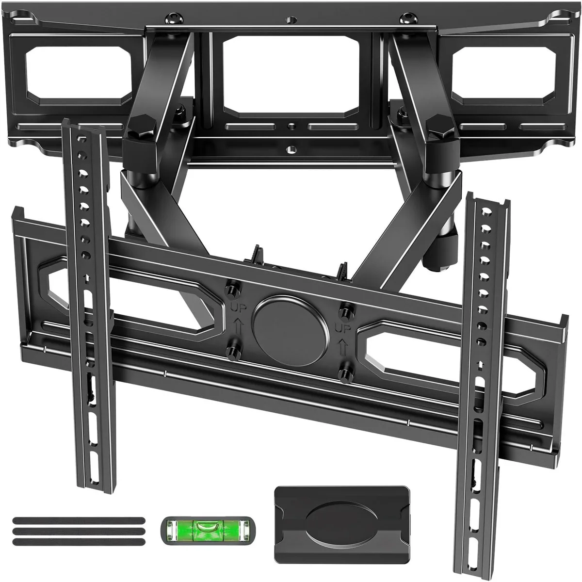 Black full-motion TV wall bracket with six articulated arms extended from wall plate