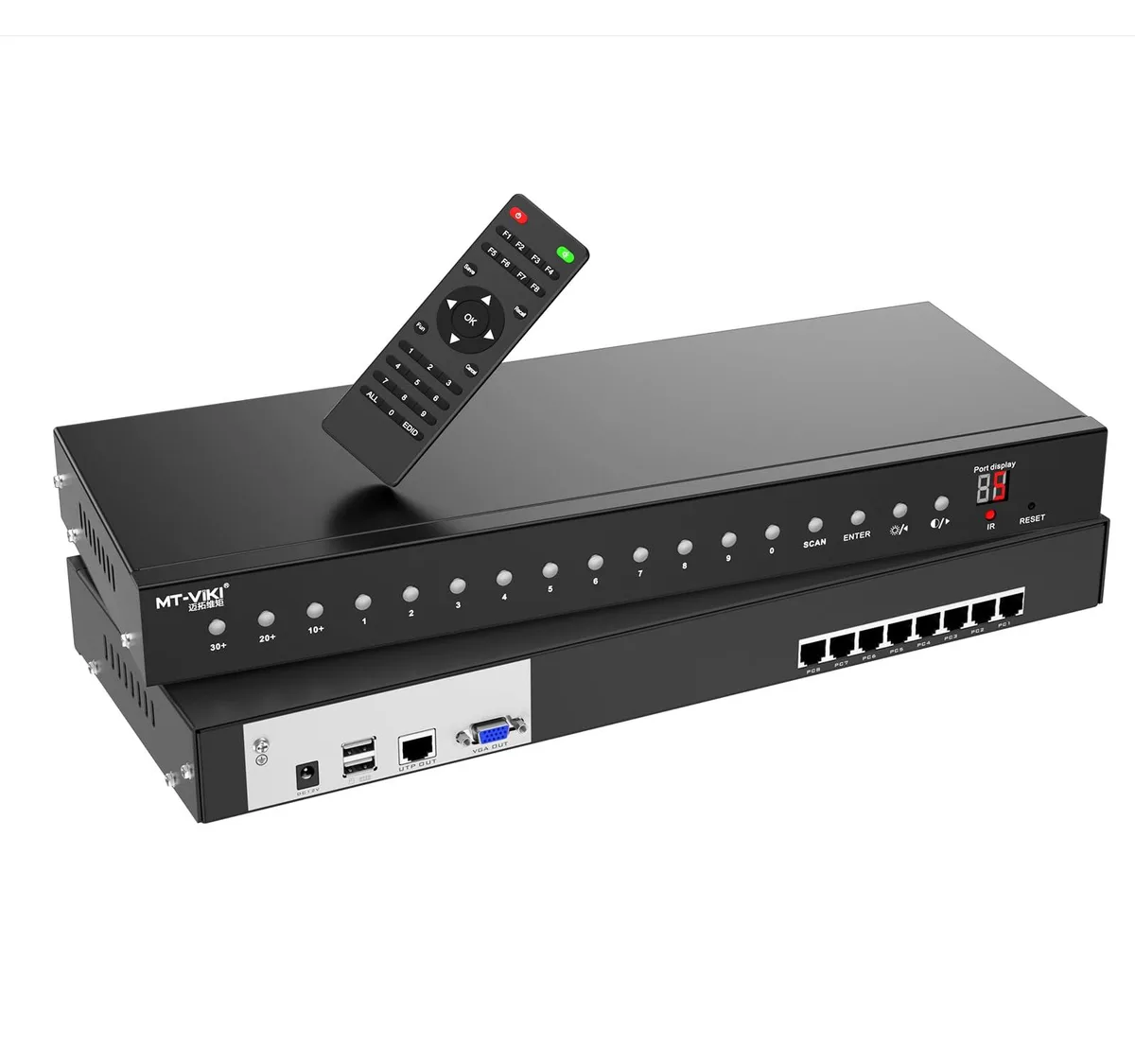 Silver metal 1U rack-mount KVM switch with front push buttons and rear ports
