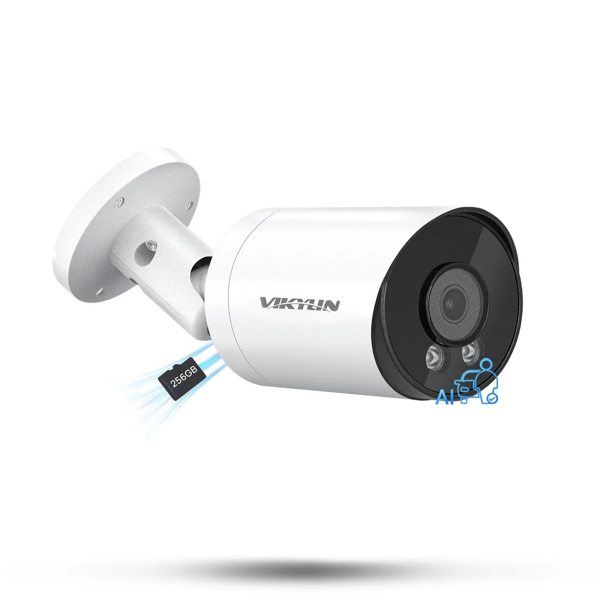 White bullet-style IP camera with 2.8mm lens and 256GB MicroSD slot