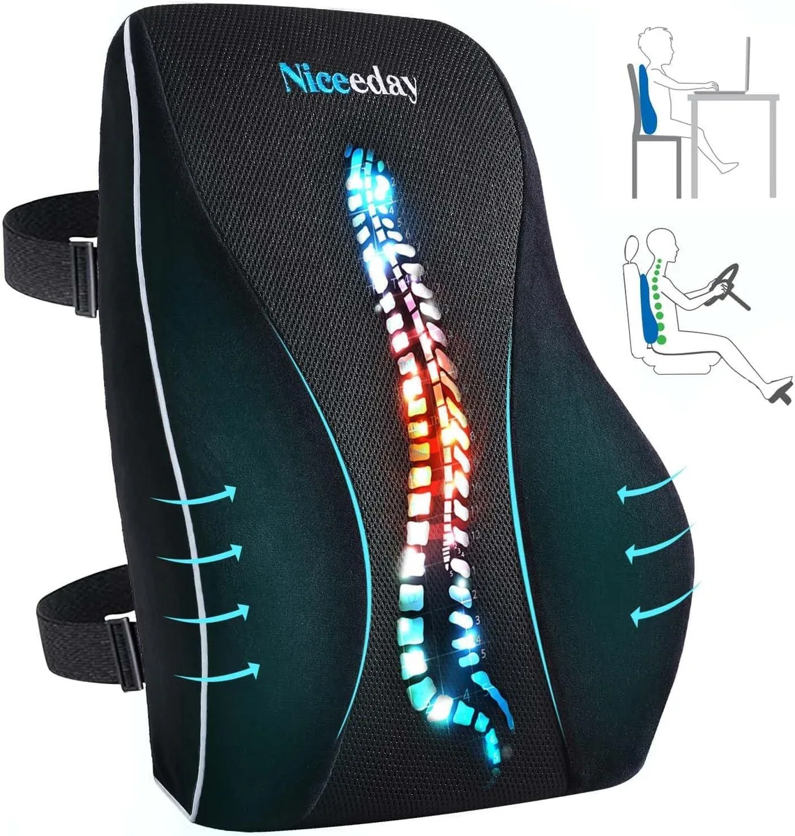 Black 16-inch lumbar support pillow with 3D mesh cover and adjustable straps, pack of 10