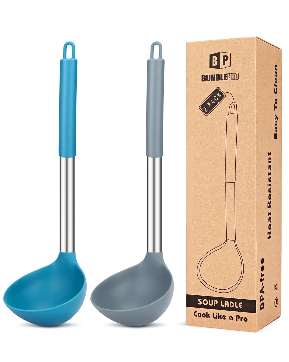 Grey-blue silicone ladle spoons, twelve pieces, long handles with hanging holes