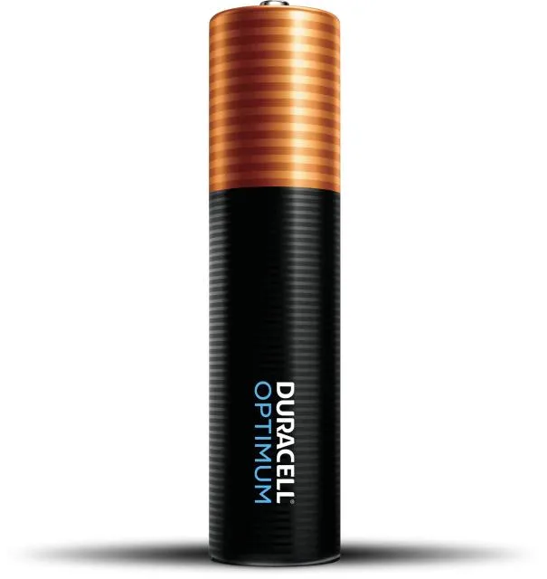 A rectangular box holding 32 Duracell Optimum AAA batteries
