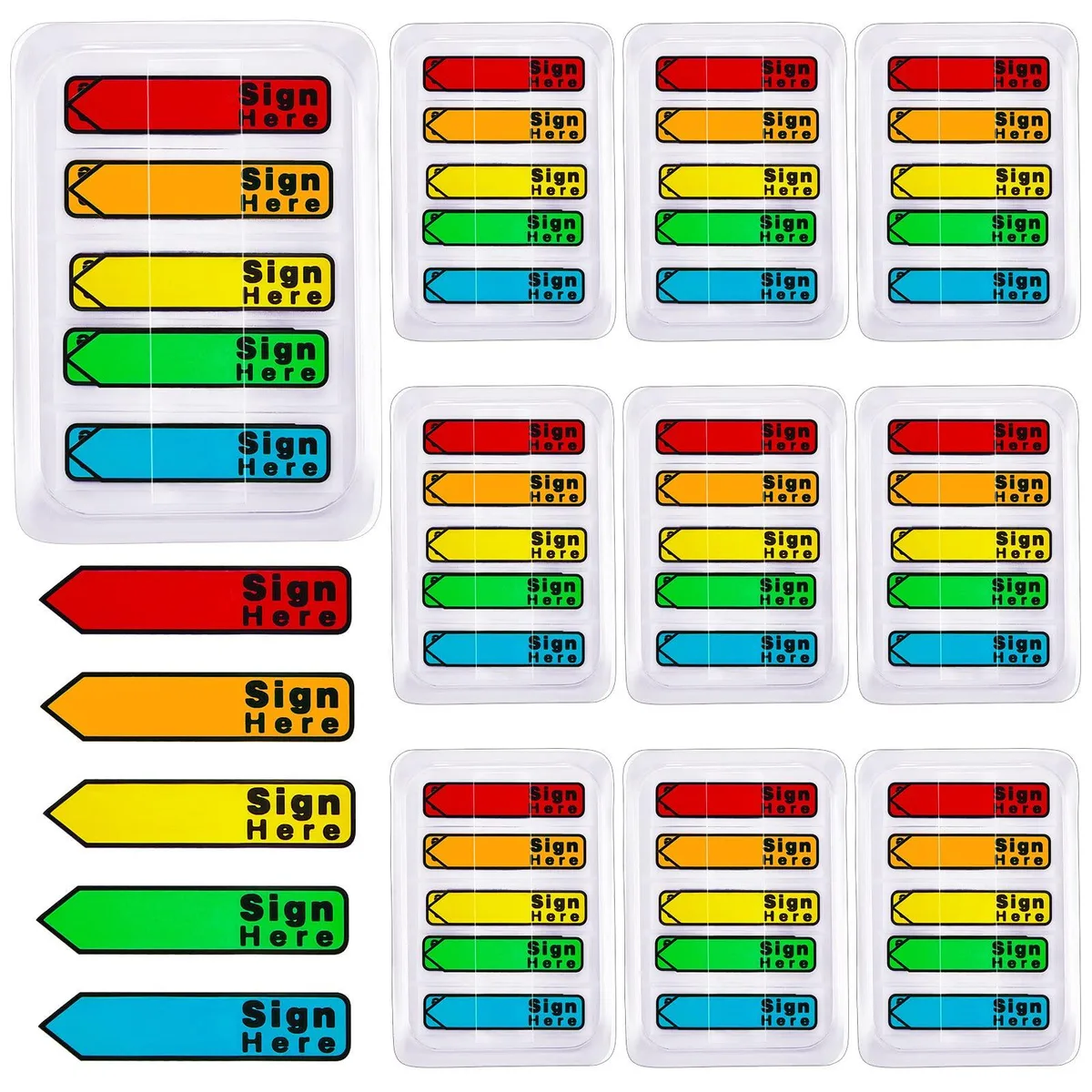 Ten packs of multicolour square sticky flags printed with Sign Here text in a rectangular box