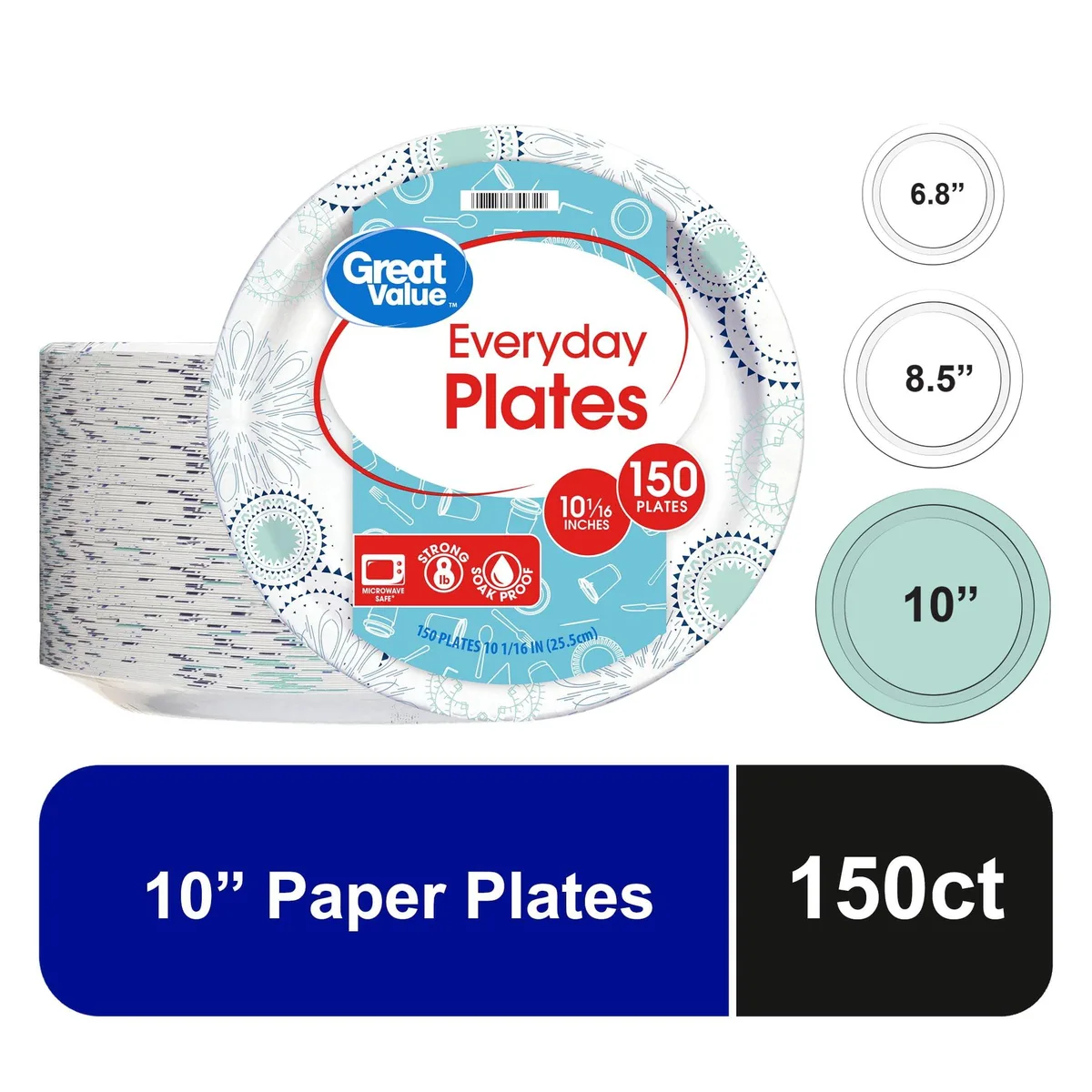 Stack of 150 round 10-inch multi-colour paper plates with kaleidoscope pattern
