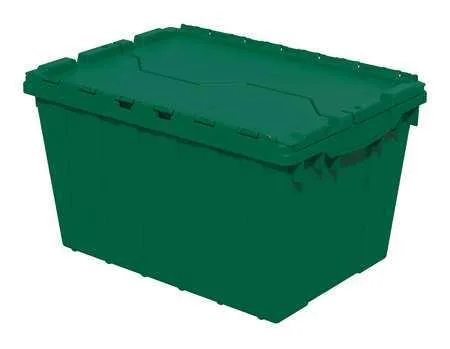 Green plastic tote with attached lid, rectangular shape, stackable design