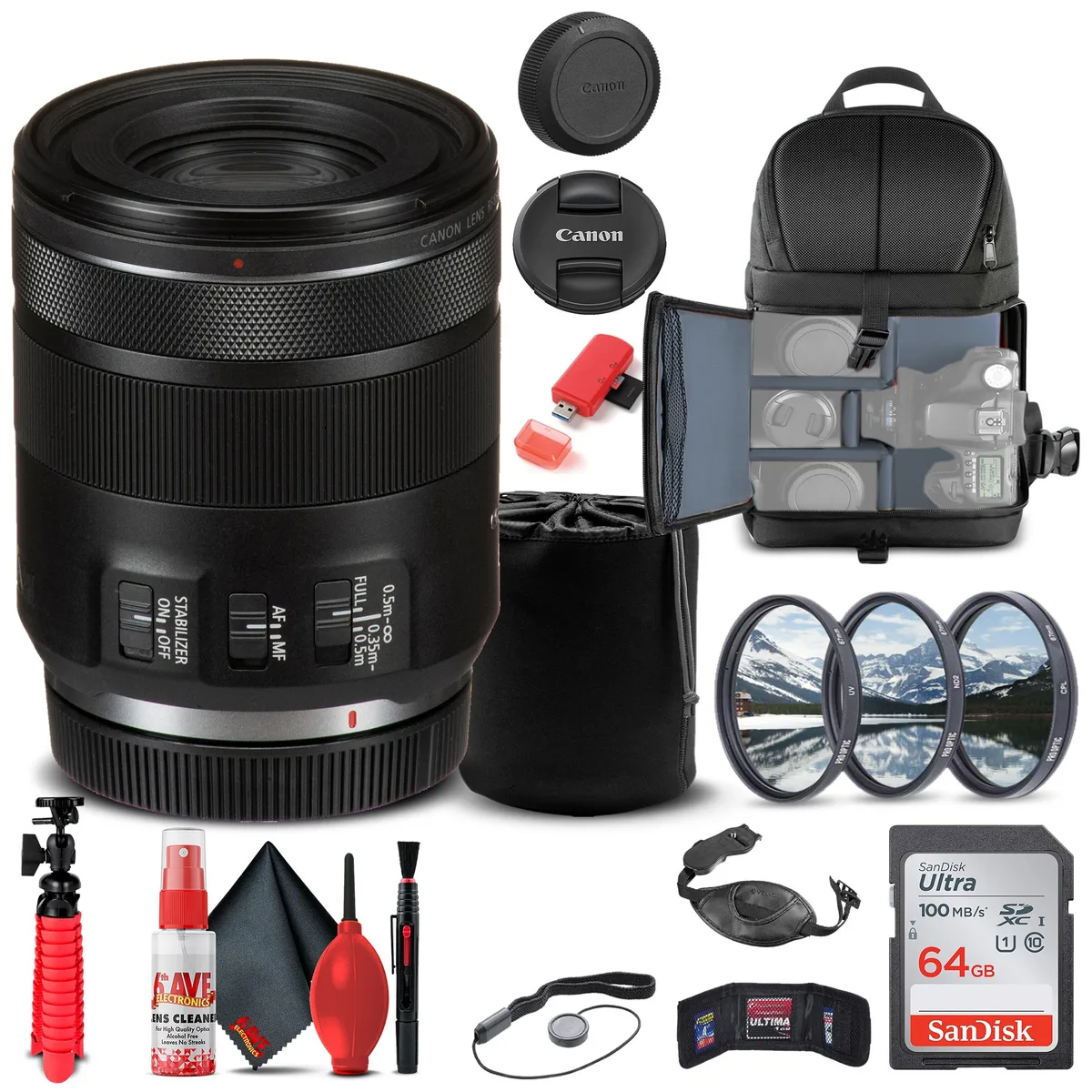 Canon Canon RF 85mm f/2 Macro IS STM Lens + Filter Kit + Backpack + 64GB Card + Accessories — product photo