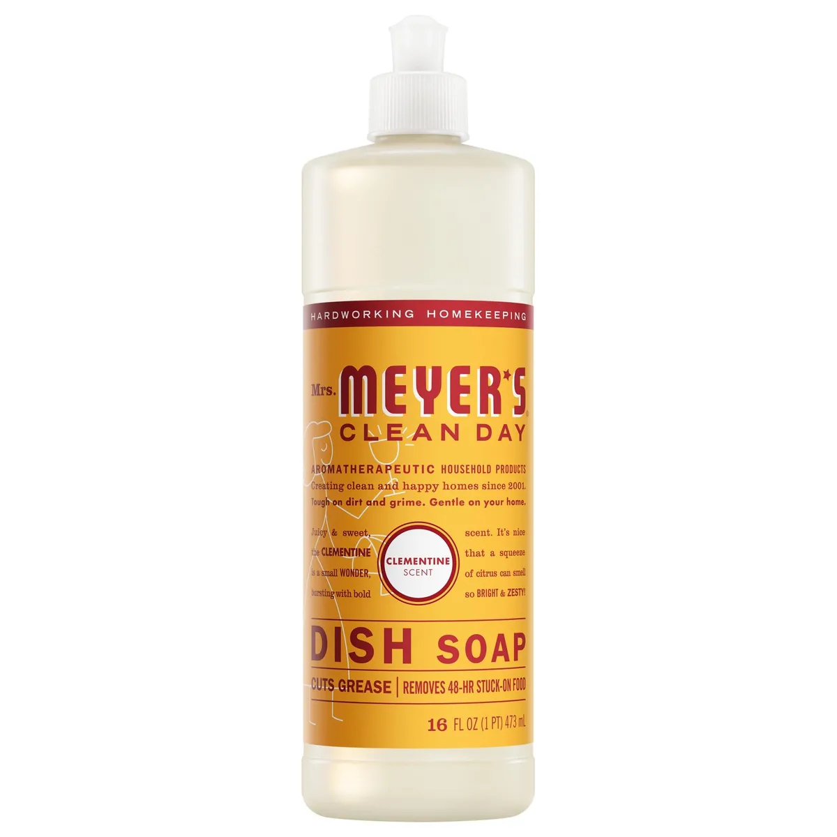 White 16 fl oz bottle of liquid dish soap with clementine scent