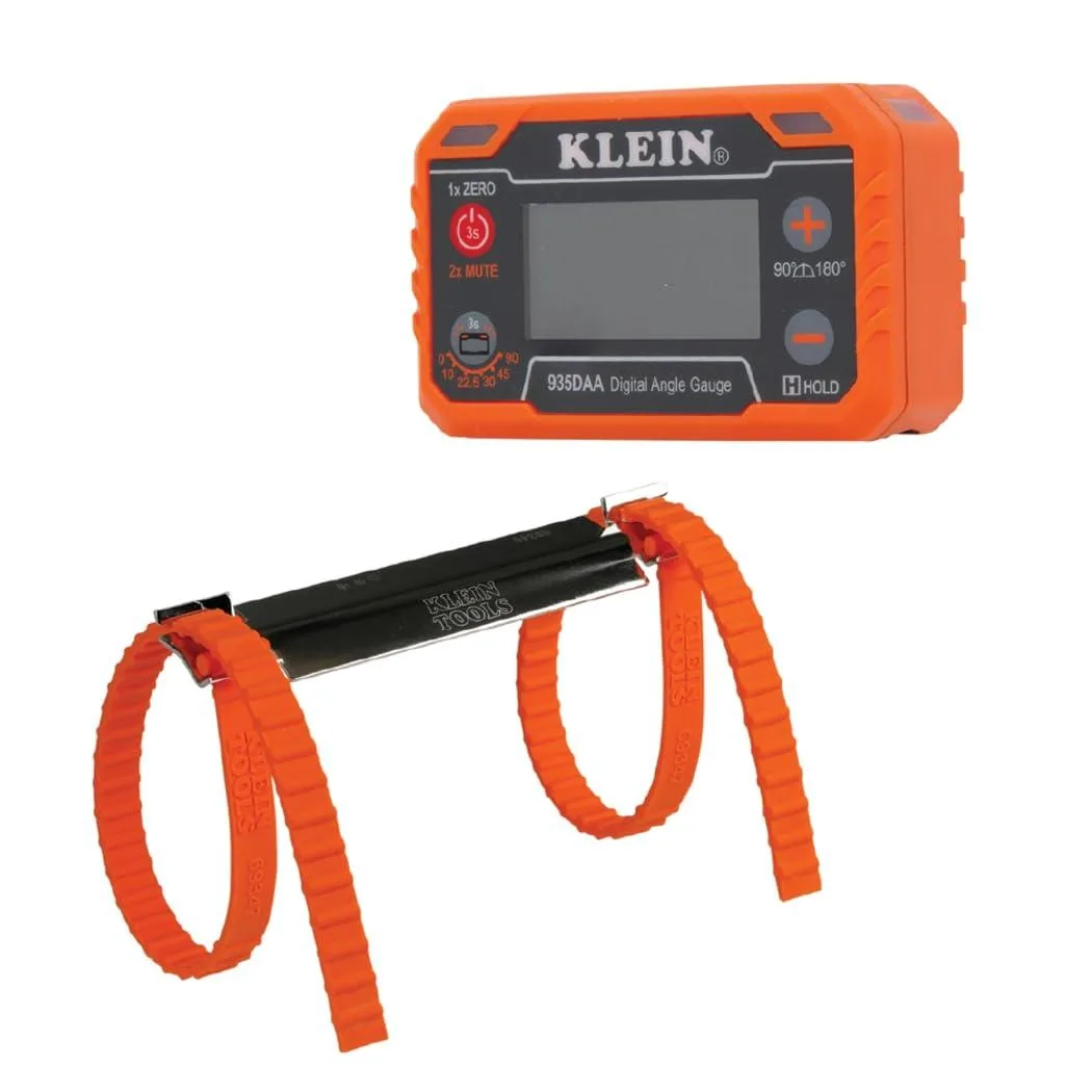 Two-piece digital level and angle gauge set with plumber's kit straps in a case