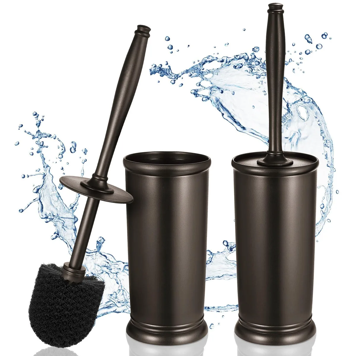 Two bronze toilet brush holders with 15 inch handles and caddies